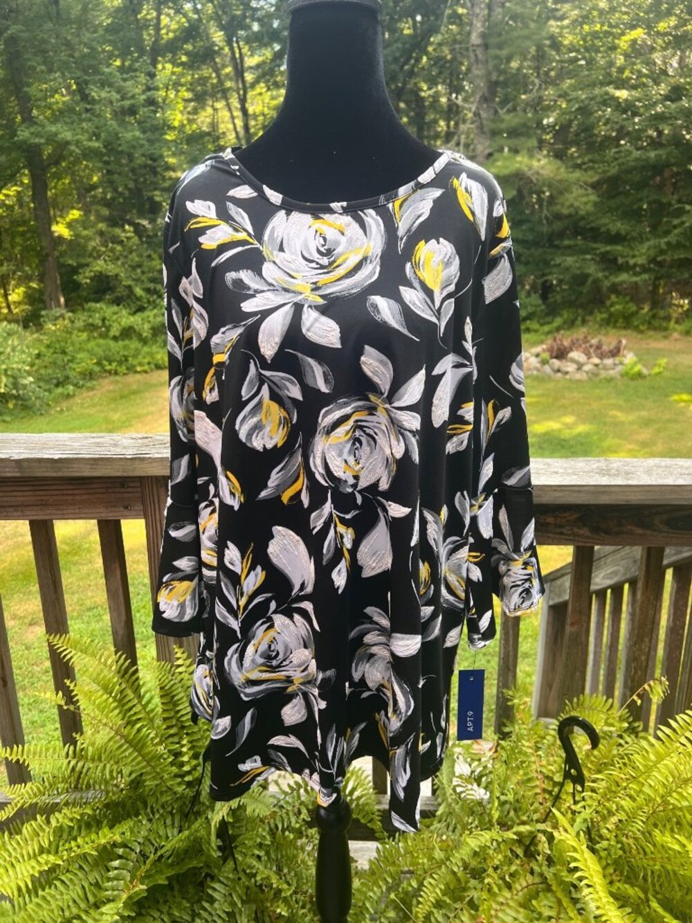 Apt. 9 Womens Black & Yellow Floral Print Long-Sleeve Tunic Top Size XXL 96% Pol